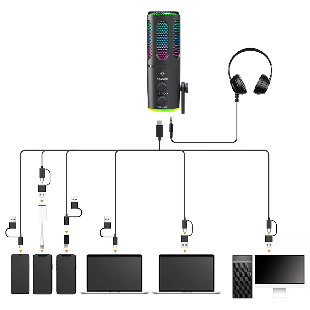 RGB USB مكثف الألعاب ميكروفون الكمبيوتر المهنية ميكروفون للكمبيوتر PS4 PS5 ماك الهاتف المحمول تسجيل تدفق جديد