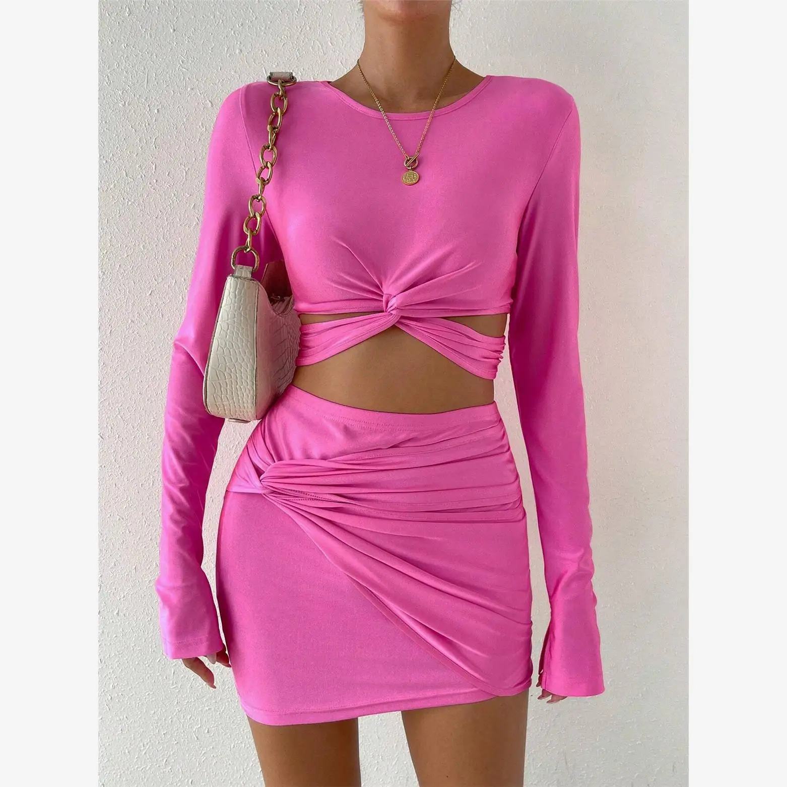 

Футболка Long Sve, комплект с юбкой с эластичной резинкой на талии, женский комплект Faion, юбка Bodycon Sle, полиэфирная ткань, осенняя коллекция