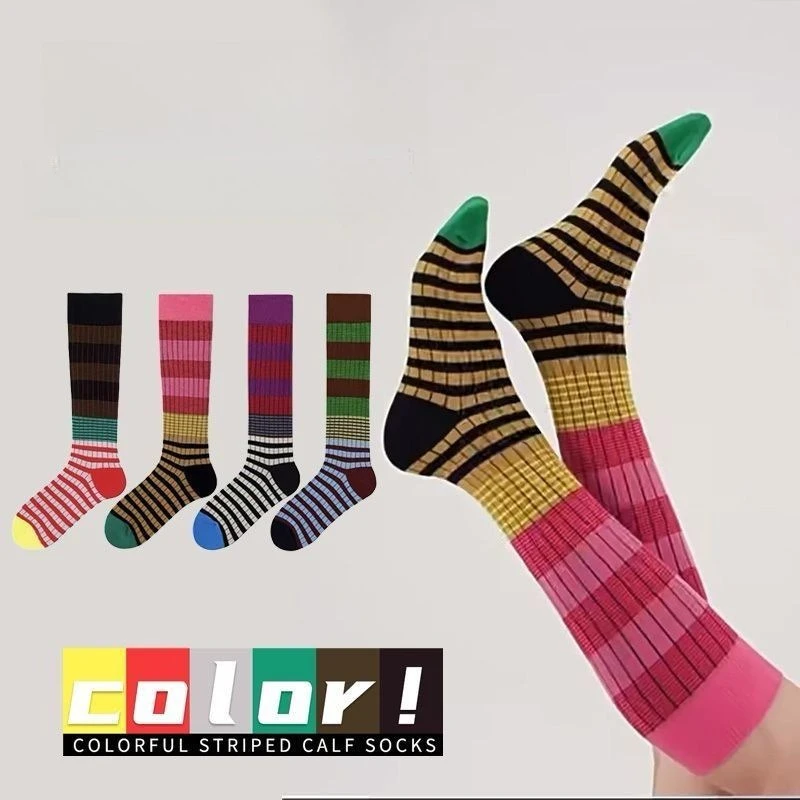

4 Pairs Women's Multi-Color Striped Fashion Knee-High Socks Set Autumn Stockings for Women Long Loose Socks Patchwork Knee-socks
