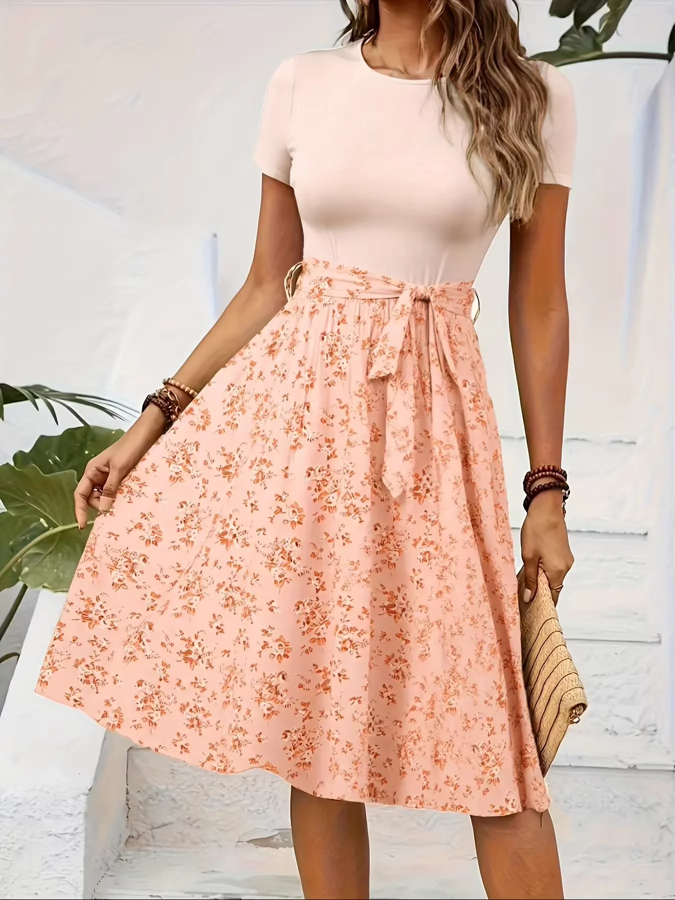 

plus Size High-Waisted A-Line Skirt for Women with Waist Belt Floral Print European American Fashion Dress