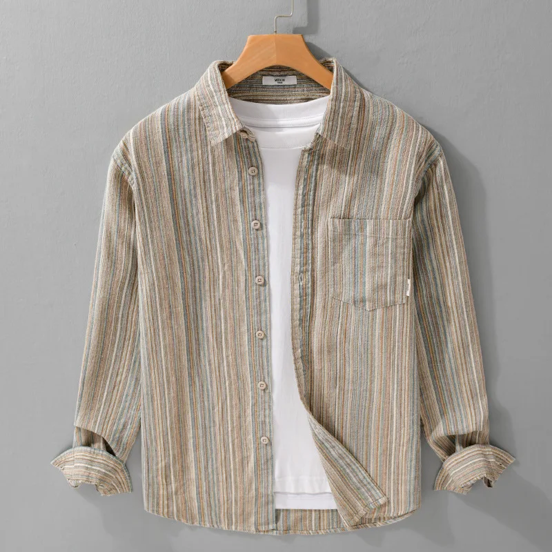 6158 Spring Fashion Japan Style Vintage Stripe Simple Cargo Shirt for Men Good Quality Cotton Long Sleeve Slim Fit Casual Blouse