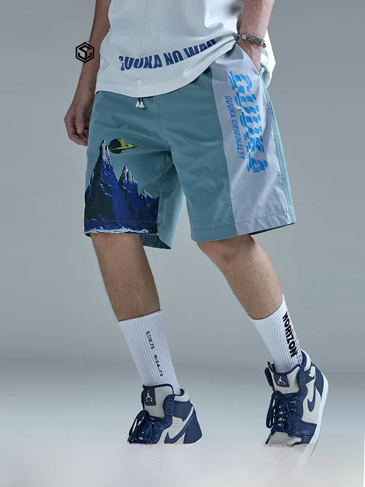 GuukaTech Outdoor Sports Casual Shorts Men Summer Elastic Rope Mountain Letter Print Five-Quarter Length Straight Leg Fit