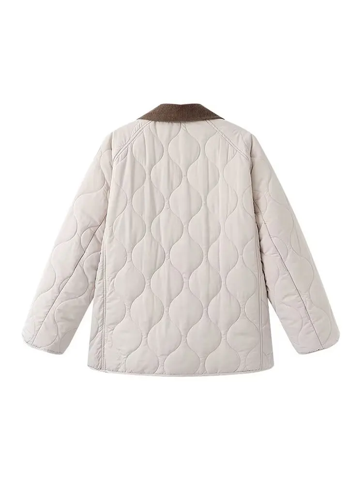 NLZGMSJ Giacca trapuntata da donna 2025 Tasche a maniche lunghe invernali Cappotto imbottito in cotone sciolto Colletto in velluto a coste Parka Capispalla Y2K