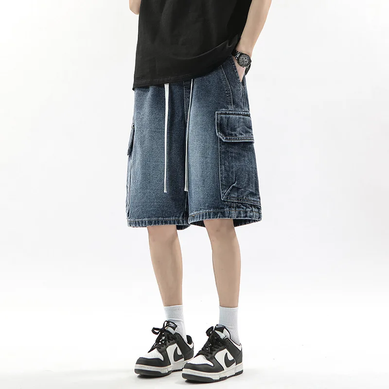 KIDWHXR Summer Man Cargo Shorts Jeans Streetwear Contrast Color Men Denim Shorts Loose Straight Drawstring Pocket Male Shorts
