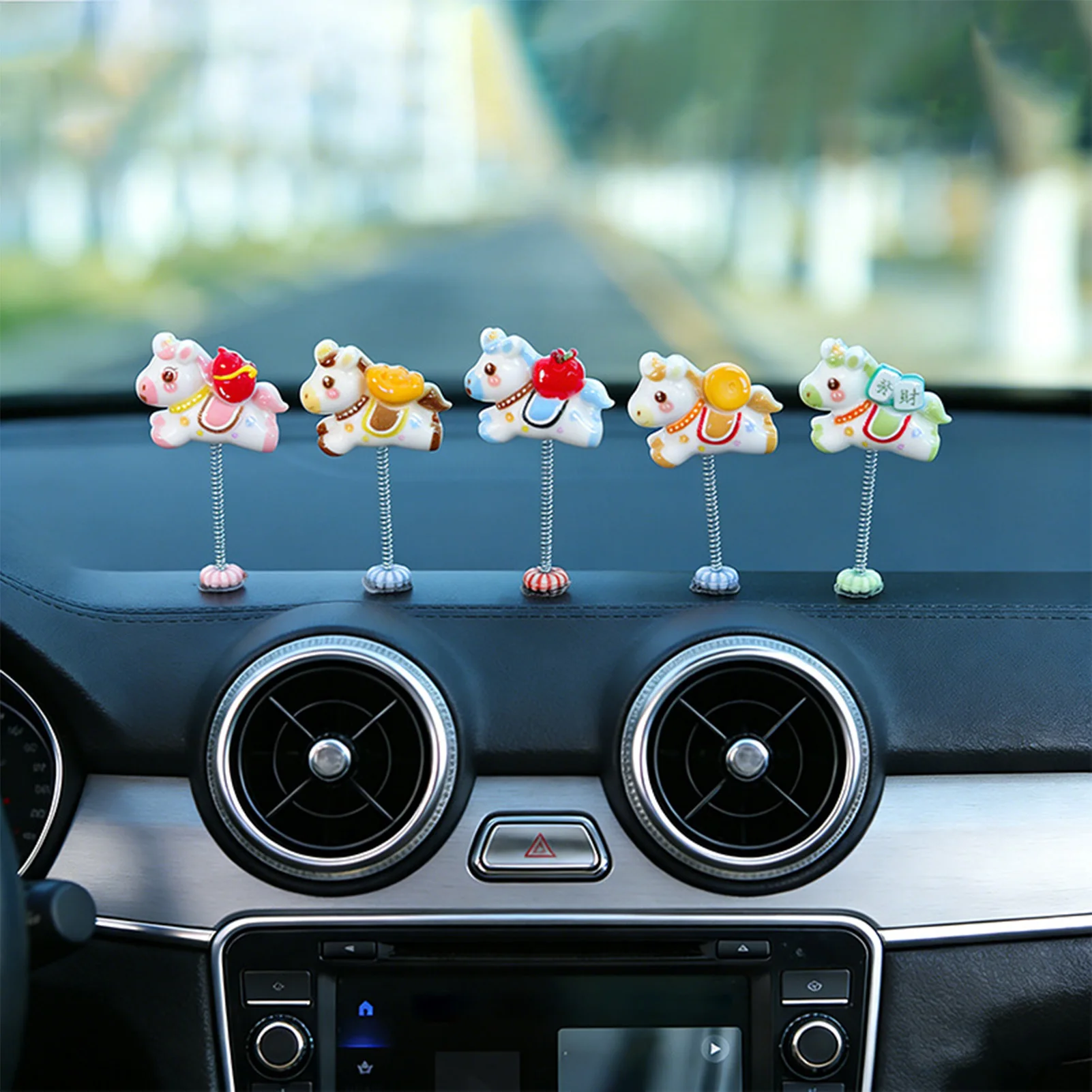 5Pcs Cute Mini Horse Ornament for Car Dashboard Chinese Style Lucky Fortune Wealth Theme Resin Crafts Auto Interior Decoration