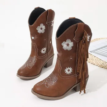 Botas florales occidentales hasta la rodilla para niñas, botines de vaquero con flecos sin cordones de primera calidad, Botas de punta con tacón de otoño para niños