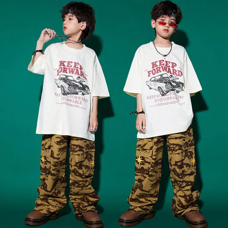 Kids Hip Hop Clothing White T Shirt Tops Denim Casual Camo Cargo Pants for Street Dance Girls Boys Showing Dance Costume Clothes