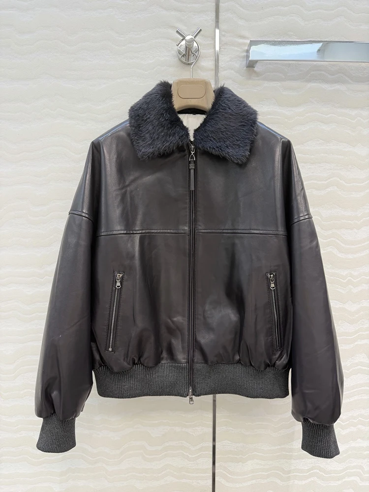 SVORYXIU Autunno Inverno Nuovo stile Retro Tasca con cerniera Colletto ribaltabile Giacca in pelle di montone Giacca in pelle nera moda donna