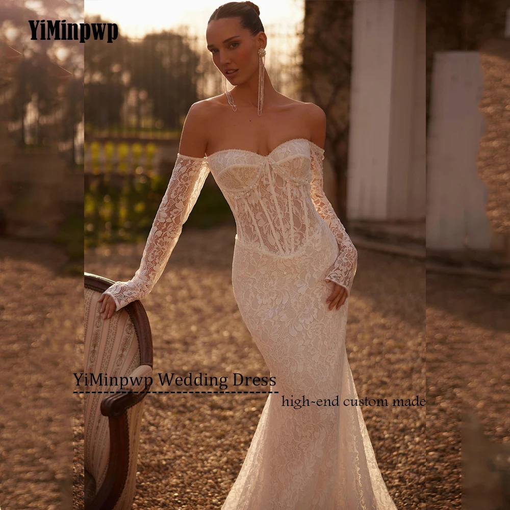 Lace Wedding Dresses Mermaid Bridal Dress Luxury Long Sleeve Sweetheart Detachable Train Off Shoulder robe de mariée Customized