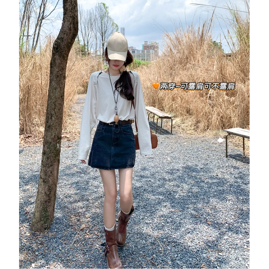 Long Sleeved T Shirts Aesthetic Womens Spring Layered Pleat Crew Neck Button Down Ruffle College Uniform Versatile Delicate Tees