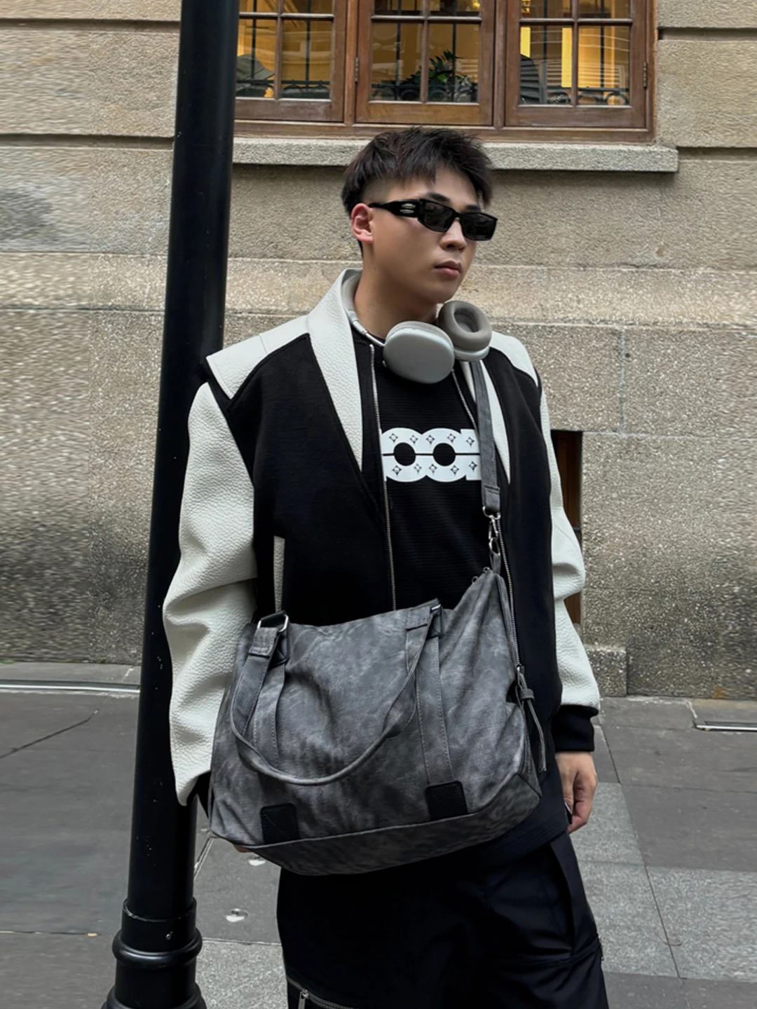 NIN Retro Vintage Street Style Men's Tote Shoulder Bag Commuting Handbag Korean Style Pure Color Casual Crossbody Bag
