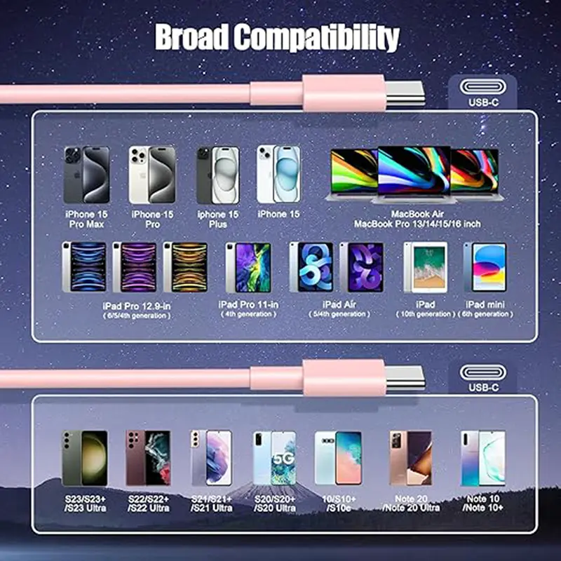 كابل USB C إلى Type C متعدد الألوان، PD شحن سريع، متوافق مع آيفون 15/15 برو، هواوي، سامسونج، شاومي Type C، أطوال 1م/2م/3م - 5