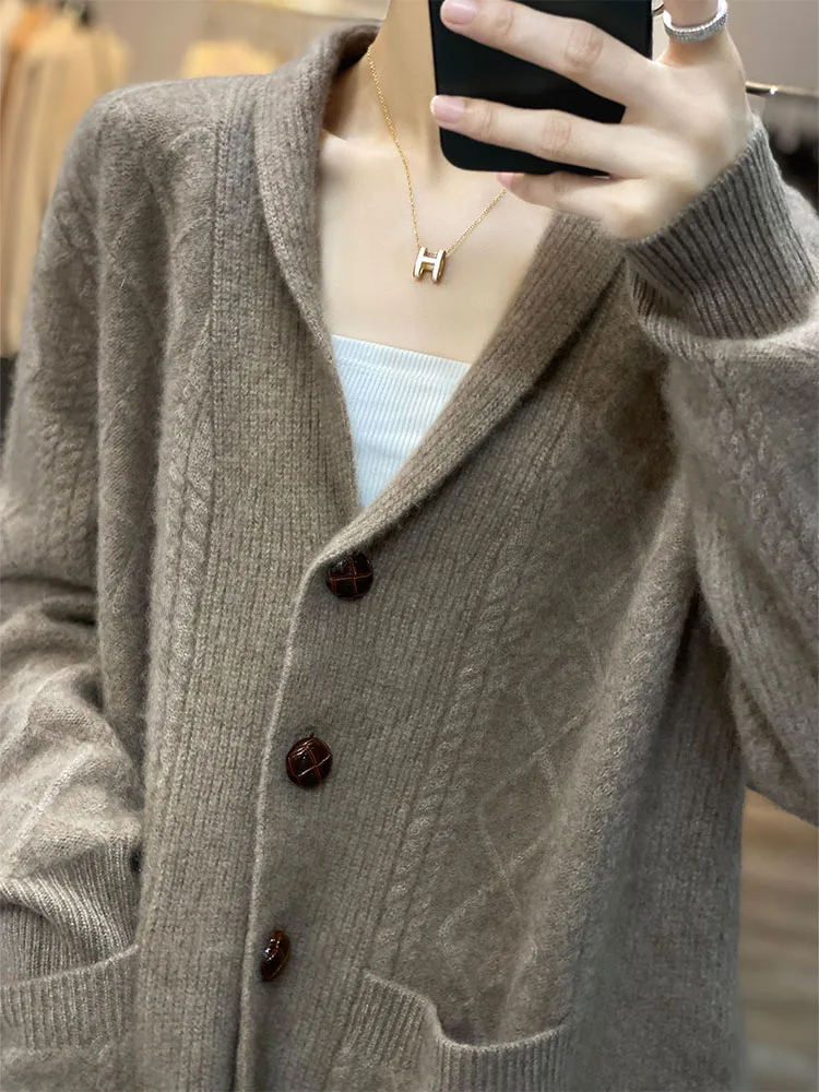 Autumn Winter High Quality Premium Knitted Cardigan Women\'s 100%Wool Cashmere Sweater V-neck Loose Large Size Coat Jacket Female