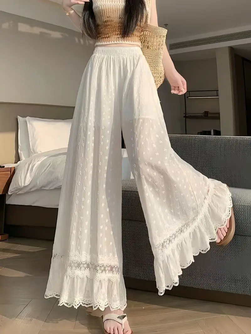 Lace Stitching Embroidered Wide-leg Pants Women's High-waisted Straight-leg Nine-point Pants