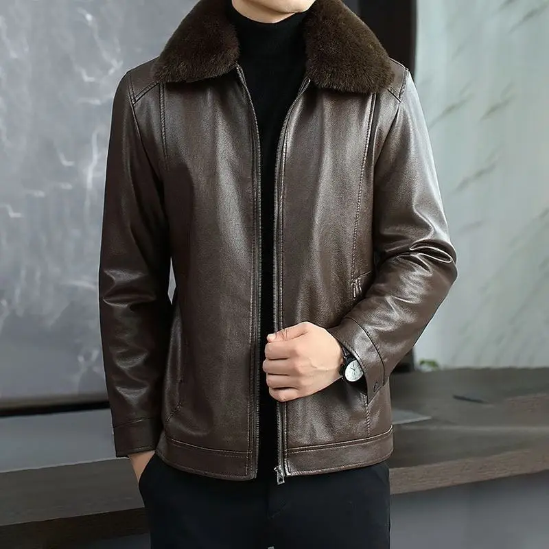 Men's Autumn Fleece Lined Thickened Leather Jacket Middle Aged Elderly Unisex Coat with Detachable Hood Warm Durable Outerwear