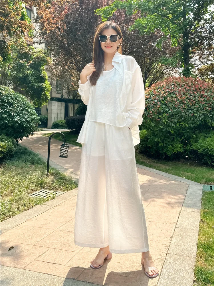 

White Large Size Sun Protection Wide Leg Pants Set Women's Summer 2026 New High-End Ice Silk Complete Matching Three-Piece Set