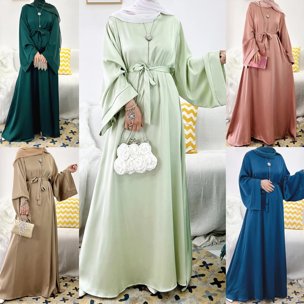 

Hijab Satin Dress Ramadan Muslim Fashion Belted Abaya Dubai Turkey Arabic African Maxi Dresses for Women Islam Clothing Kaftan