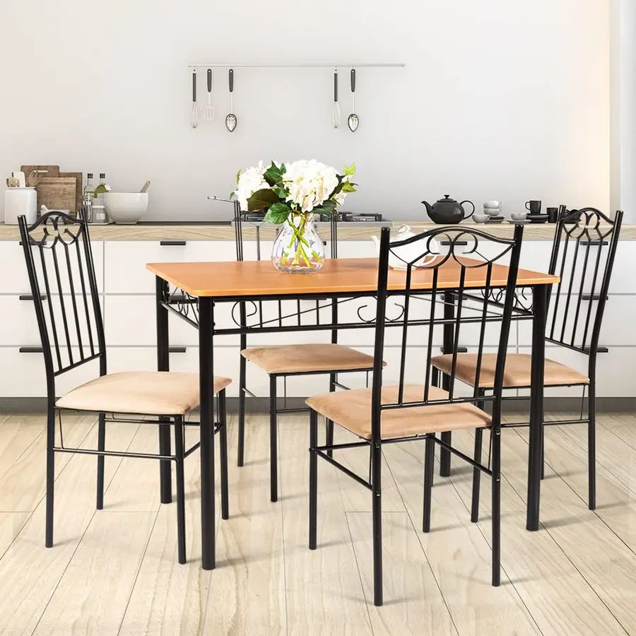 5Piece Dining Table Set, Kitchen Vintage Table and Padded Chairs Set with Wood Tabletop amp Metal Frame, Dining Room Table Set f