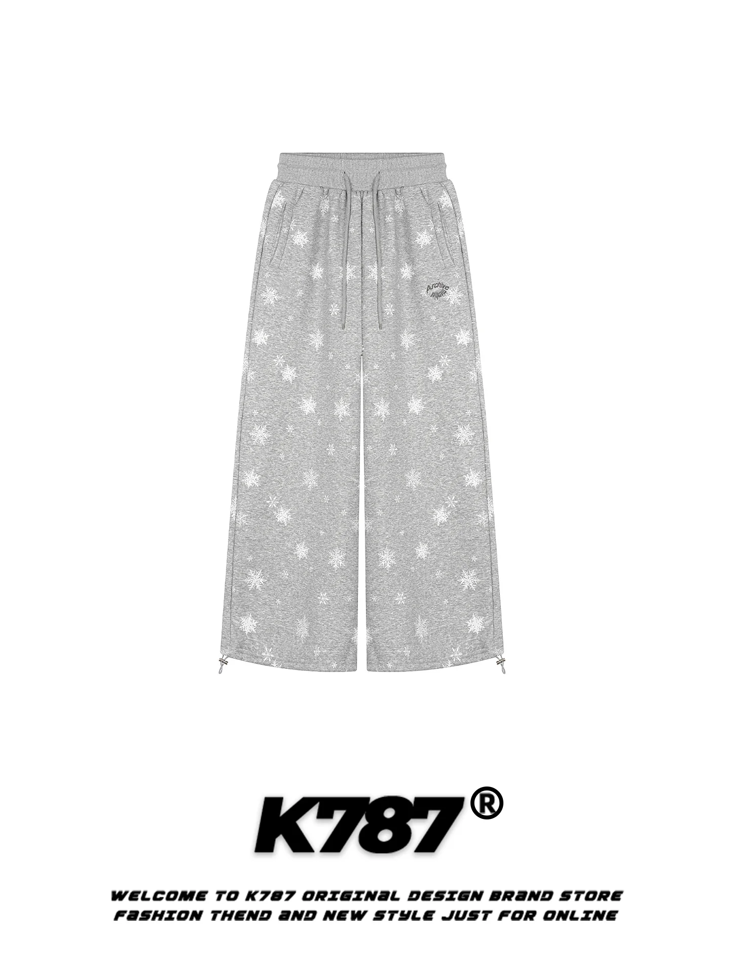 

K787 American Casual Snowflake Print Fleece Lined Drawstring Loose Men's Sweatpants Floor Length Straight Leg Trousers
