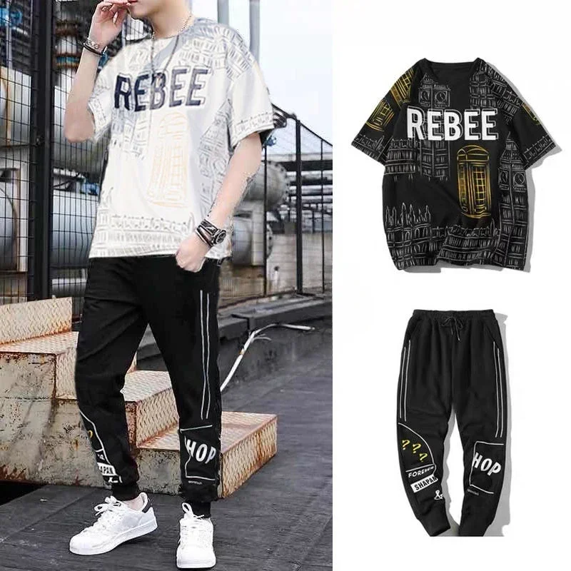 Print Graphic T-shirts Pants Suits for Men Nylon Man Trousers Sets Black Aesthetic Korean Two Piece Set Xl Outfits Stylish Chic