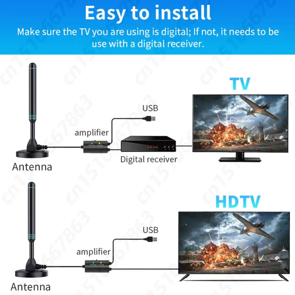 4K HD 1080P Digital TV Antenna with Signal Amplifier 480+ Miles Portable HD TV Antenna Magnetic Base VHF UHF for DVB-T2 TV HDTV