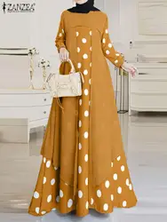 Elegant O-Neck Long Sleeve Muslim Sundress ZANZEA Women Polka Dots Printed Dress Casual Loose Robe Femme Turkey Abaya Vestidos