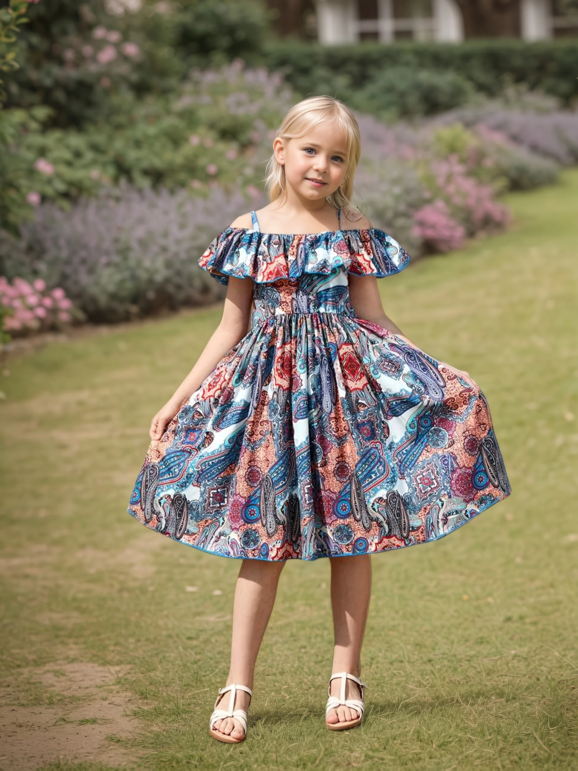 Girls Summer 7-14 Years Spaghetti Strap Off Shoulder Ruffle Trim Colorful Tropical Print Dress for Beach Vacation Kids Stylish