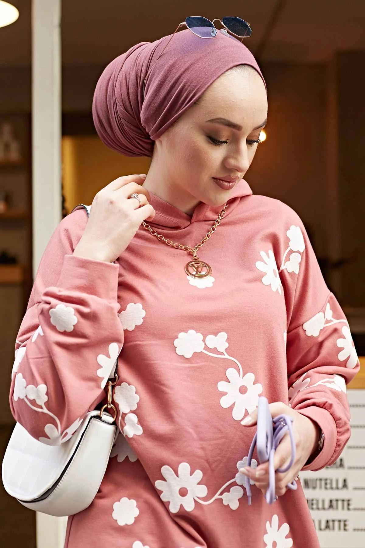 Flower Pattern Hooded Sportswear Tunic NS-Dirty Pink