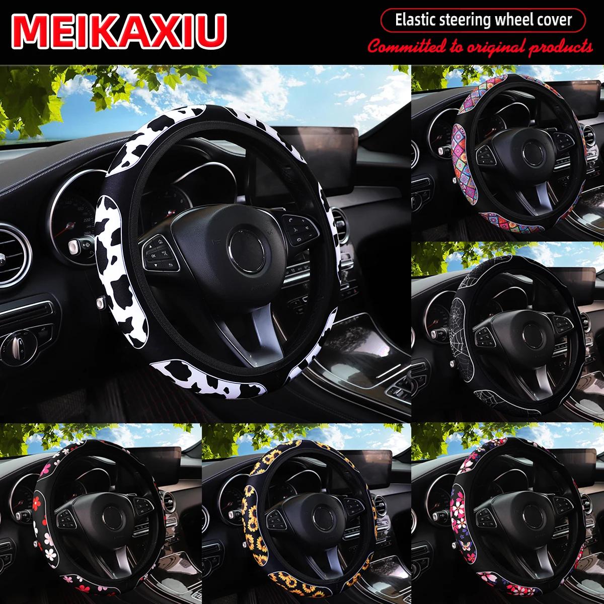 A Diving Material Printed Cow Cherry Blossom Sunflower Red and White Flower Car Steering Wheel Cover Without Inner Ring