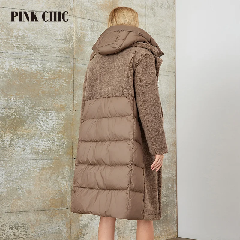 PINK CHIC 2023 New Winter Coat Women Down Jackets Quilted Faux Fur Hooded Long version Parka Female Coat W8263