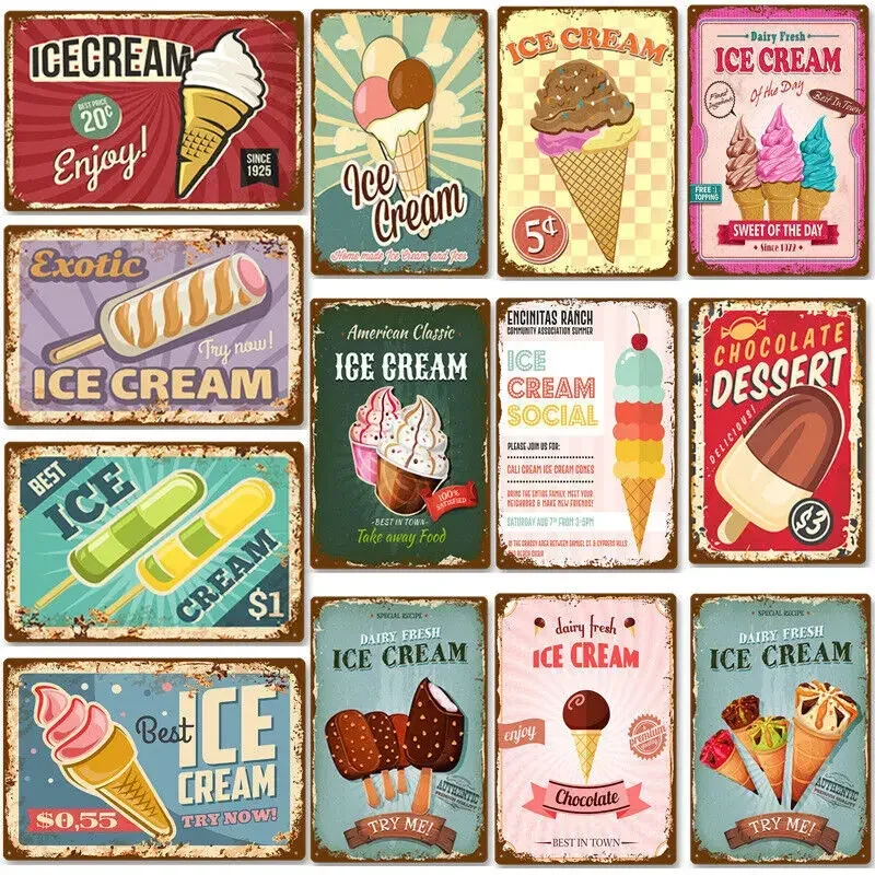 Vintage Ice Cream Metal Signs Tin Retro Wall Plaques Bar Pub Garage Restaurant Metal Plate Decorative Customized Gift Home Decor