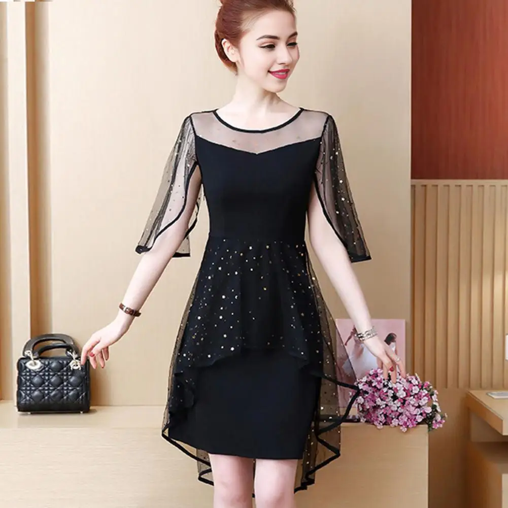 

Dating Mini Dress Elegant Star Sequin Mesh Evening Dress with Double-layered Ruffle Sleeves for Prom Parties Date Nights Dress