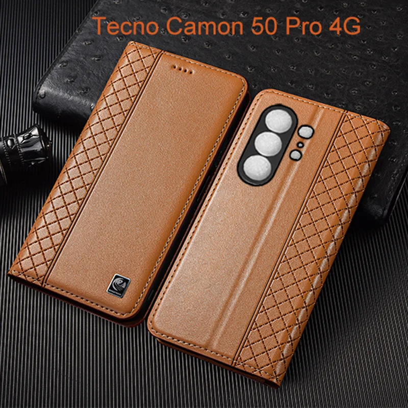 Napa Inner Grid Genuine Leather Flip Case For Tecno Camon 40 50 Pro Ultra Premier Phone Cover Card Cases Scratch Proof