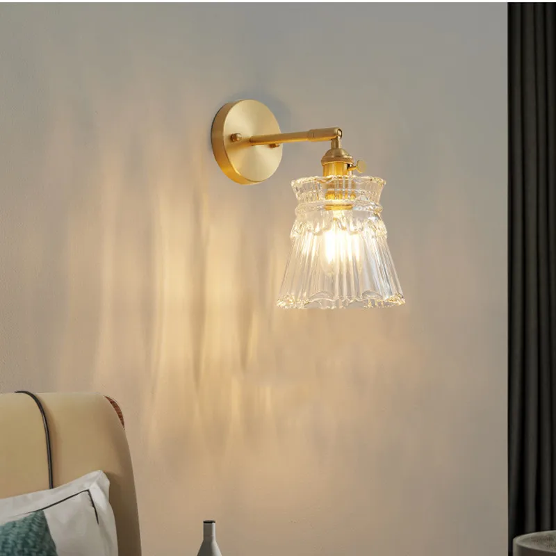 Retro Brass Wall Lamp Modern Nordic Small Glass Shade Bedside Lamp Simple Bathroom Mirror Front Light Copper With Switch Sconce