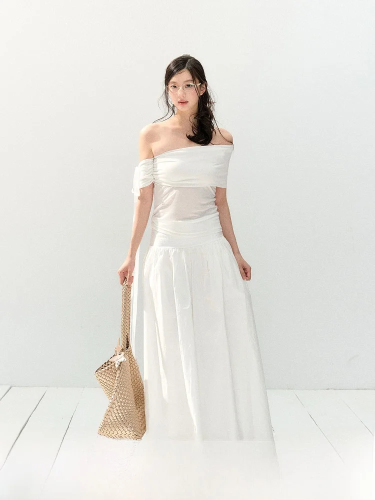 

7Shiftin Original Design Spring Summer New Style White Ribbon Short Sleeve Loose Slimming Long Dress Two Piece Set Women's Fa...