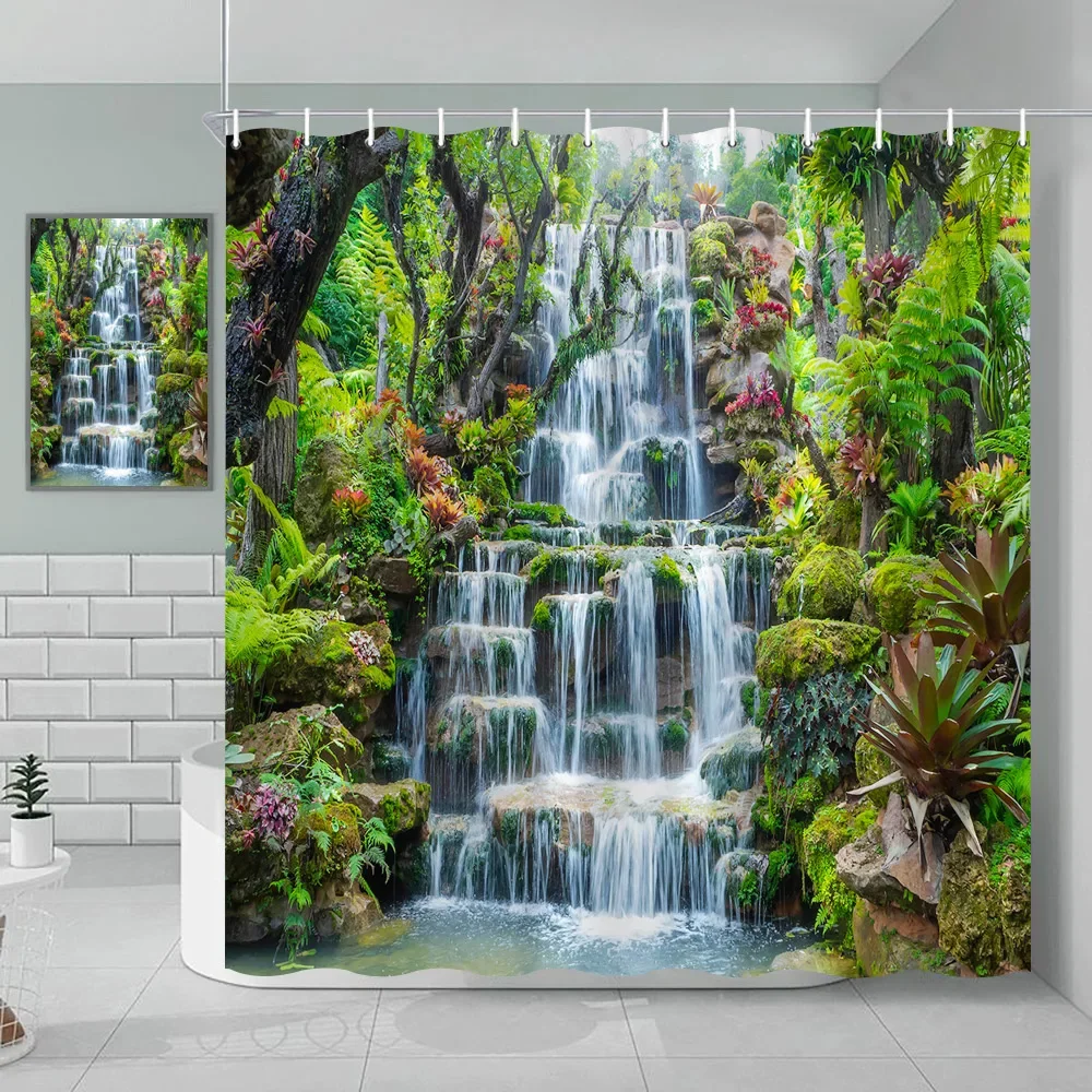 Forest Waterfall Landscape Shower Curtain Tropical Jungle Plants Green Plants Lotus Nature Scenery Bathroom Decor Bath Curtains