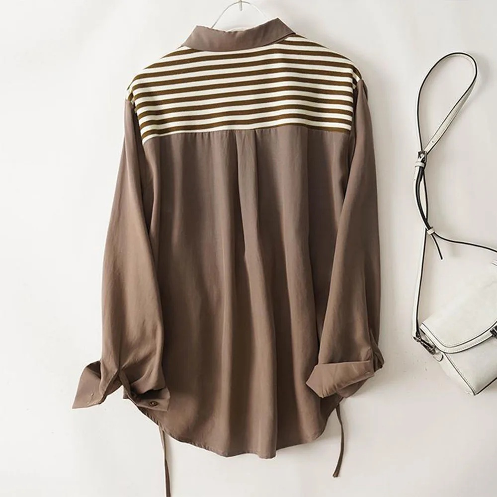 Spring And Autumn Clothes Loose POLO Neck Knitted Stripe Stitching Casual Women's Fashion Long-sleeved Shirt Women.