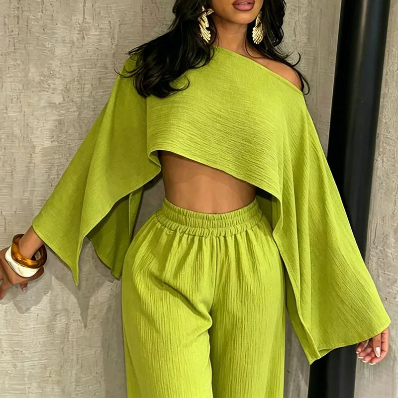 Ladies Diagonal Collar Long Sleeved Top & Pants Commuting Set Spring Summer Off Shoulder Vacation Outfit Casual Loose Daily Suit
