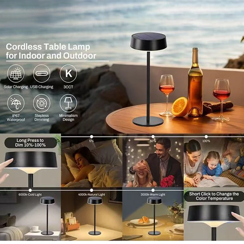 Solar Table Lamp Dimmable LED Desk Lamp Waterproof Cordless Table Lamp Rechargeable Night Lamp for Garden Terrace Camping