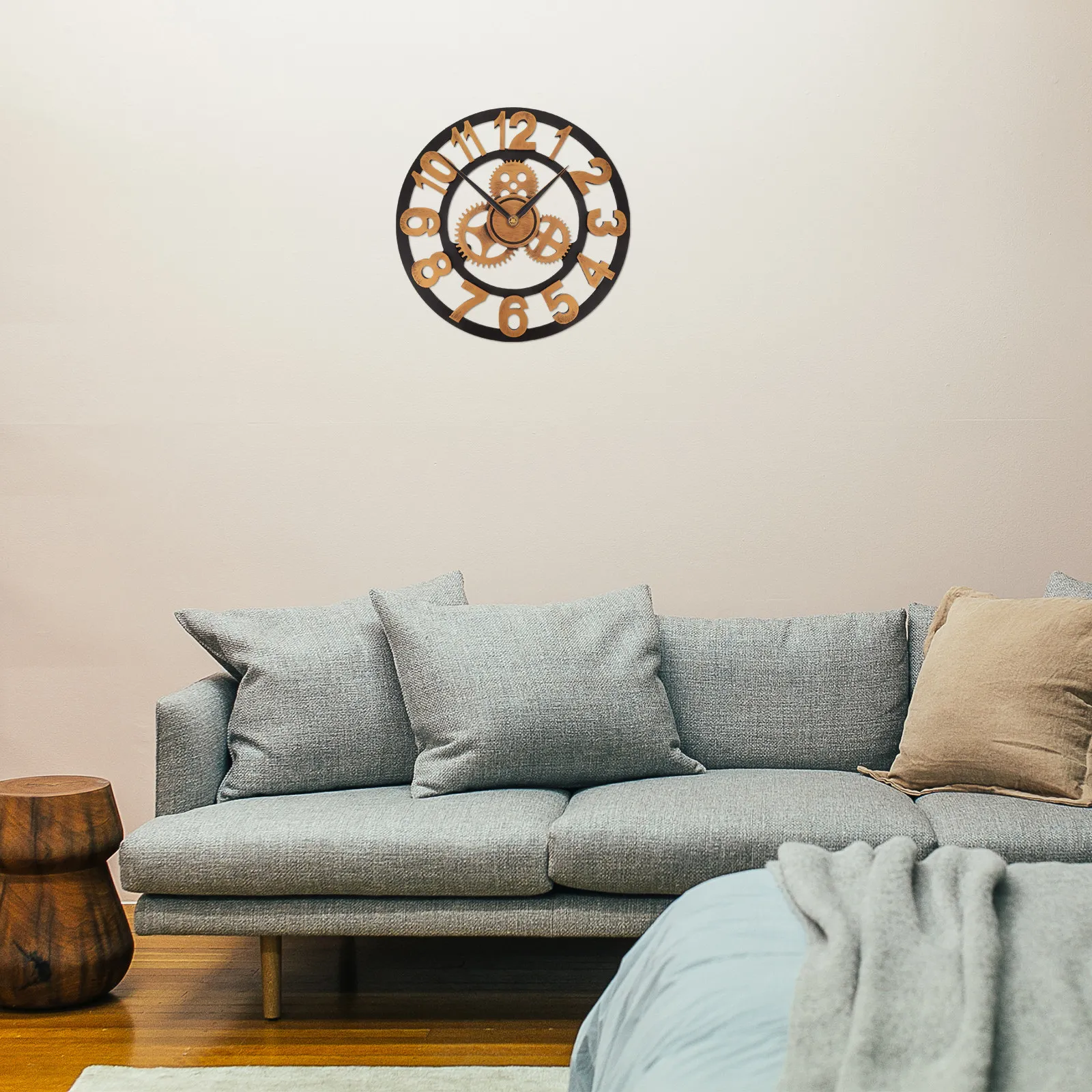 Steampunk Industrial Wall Clock with Silent Movement & Exposed Gears – Round Decorative Clock for Living Room