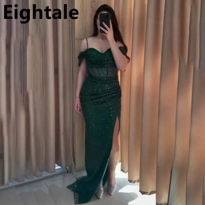 

Eightale 2024 Dark Green Sequin Evening Dresses For Wedding Party Off Shoulder Mermaid Formal Prom Dress Dubai Party Gown