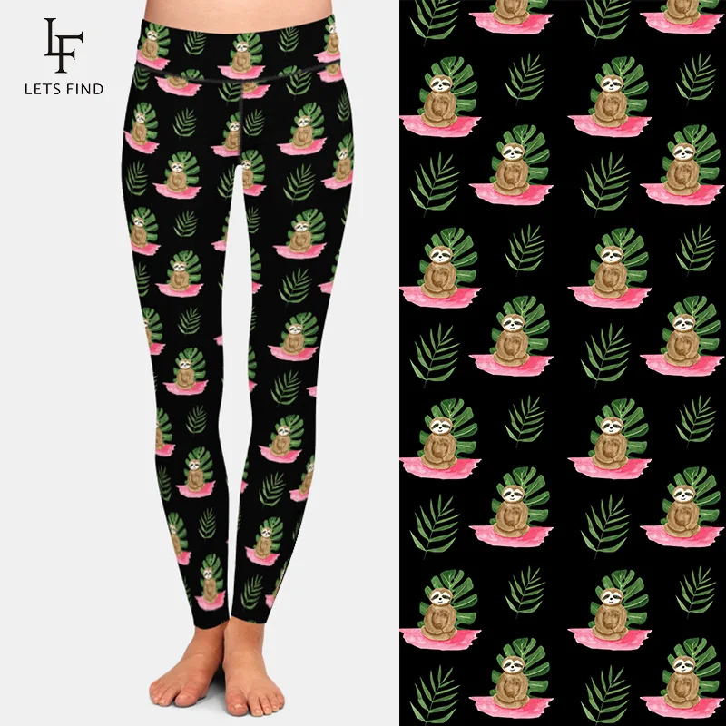 LETSFIND 2020 High Quaility Leggings da donna High Wiast 3D bradipo seduto In foglie tropicali stampa Leggings completi da donna