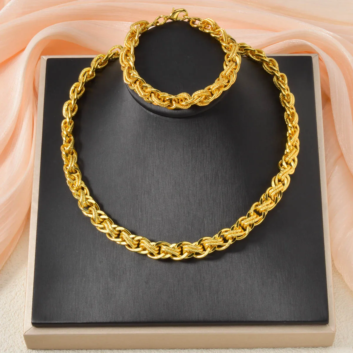

Classic African Middle East Gold Plated Copper Rope Chain Necklace Bracelet Set Twisted Thick Link Chunky Choker Jewelry