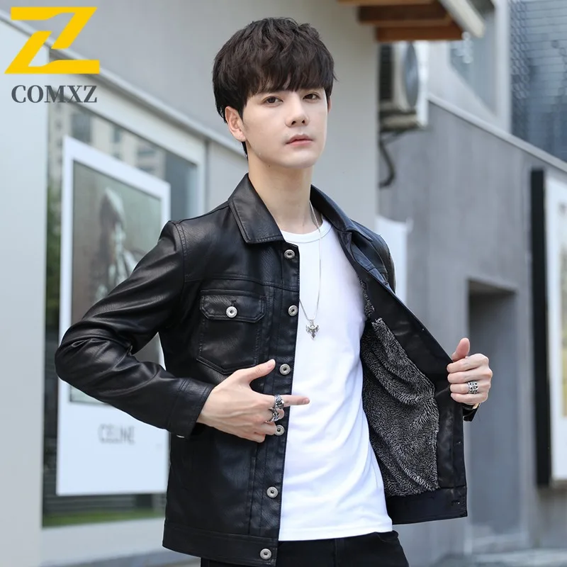 

COMXZ Fashion Stand Collar Mens Leather Jacket Urban Adventure Durable Motorcycle Coat Camping Lightweight Autumn New Clothing