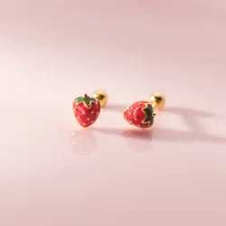 A Pair 925 Sterling Silver Red Strawberry Earrings Ins Hot Sweet Cut Style Jewelry for Women, Ear Plug Screw Back