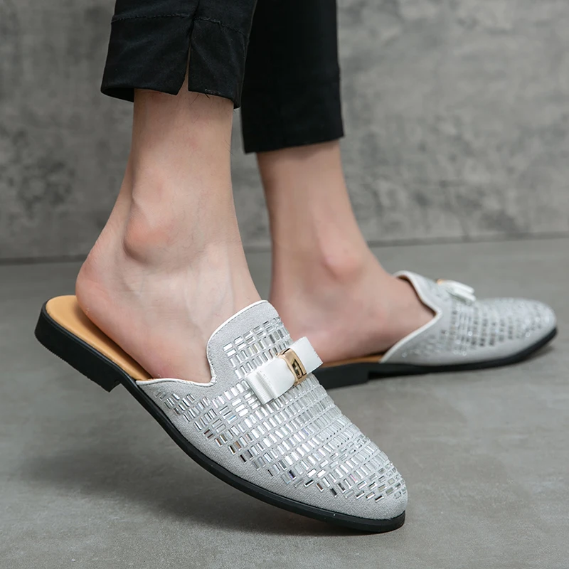 Summer Rhinestone Men Shoes Nightclub Party Trendy Shoes Half Drag Loafers Men\'s Leather Slip on Breathable Casual Half Slippers