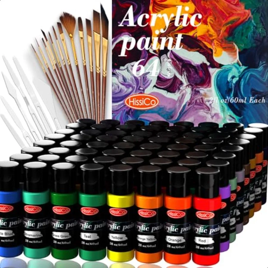 

Acrylic Paint Set 76 PCS of 64 Colors 2fl oz 60ml Bottles with 12 BrushesNon Toxic 64 Colors Acrylic Paint No Fading Rich Pigme