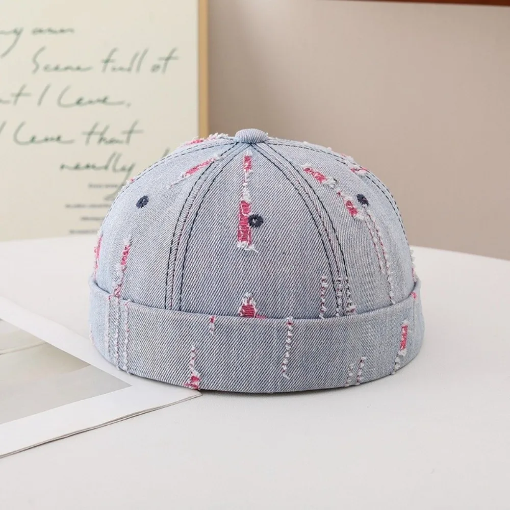 Broken Denim Docker Cap Frayed Edges Graffiti Print Brimless Beanie Without Visor Adjustable Cotton Polyester Blend