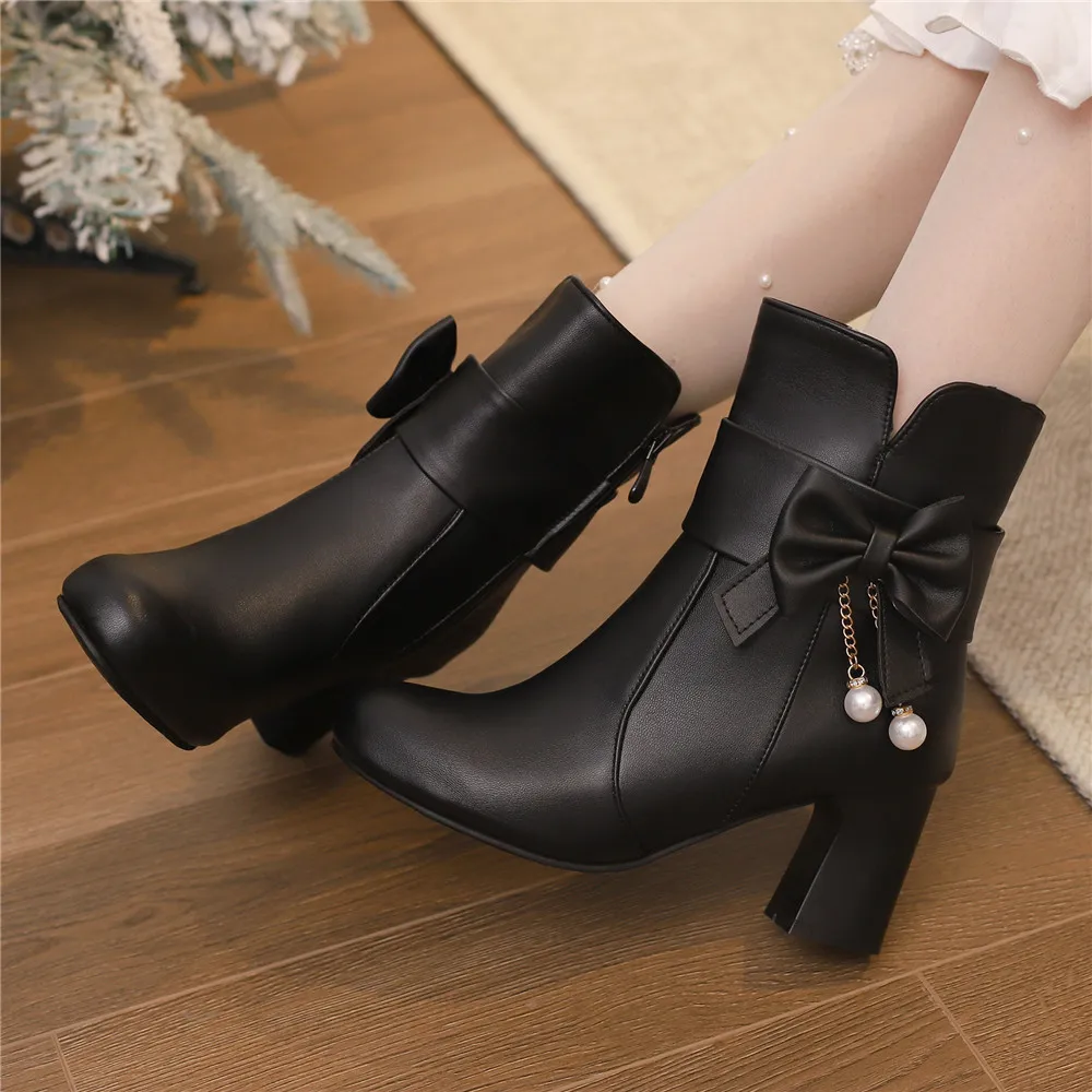 2024 Autumn New Women Side Zipper Bow Chain Beadwork Мартин Cапоги Comfortable Square Mid Heel Ankle Boots Fashion Shoes Chelsea