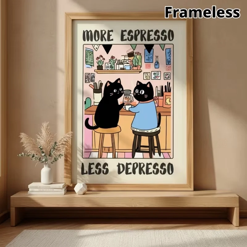 Modern  Black Cat Coffee Fun Espresso Art Wall Art Print Canvas Painting Poster Picture For Bedroom,Living Room Home Decor